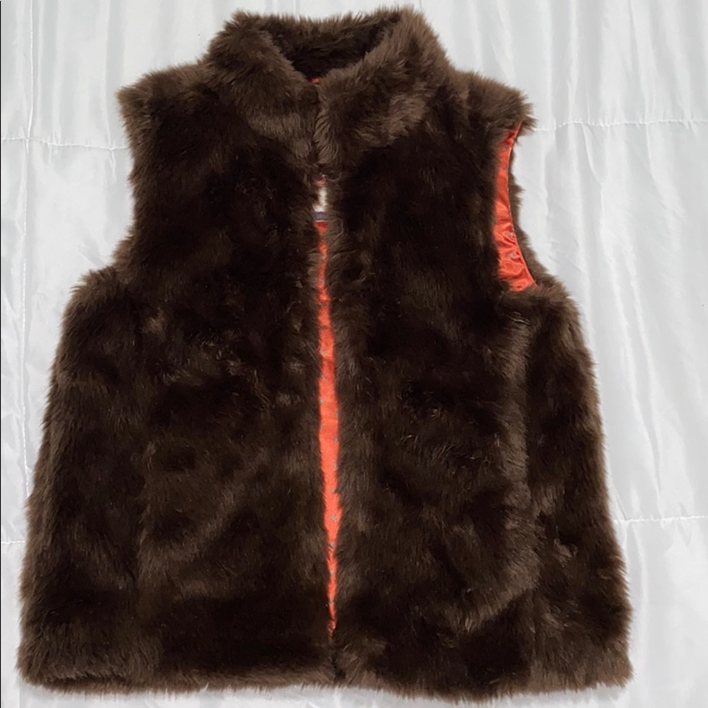 Mini Boden Brown Faux Fur Vest with Orange Lining
